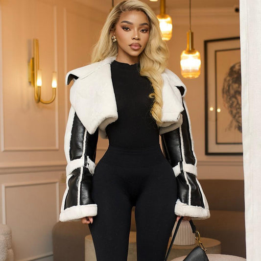 Faux Leather Stitching Short Fur Collar Cropped Coat