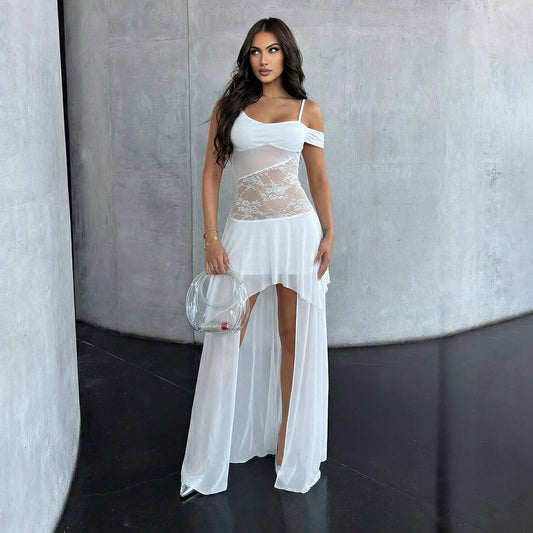 White Sexy Sheer Asymmetric Long  High Low  Maxi Festival with Lace Insert Dress