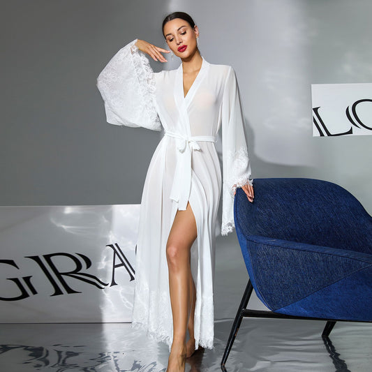 Lace Bell Sleeve Long Robe Chiffon w/ Eye Lash Trim