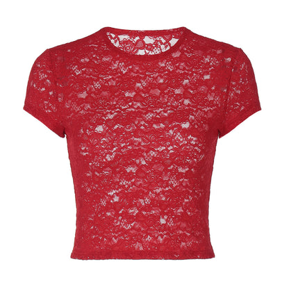 Sexy Lace See through Slim Fit Crew Neck T shirt Top