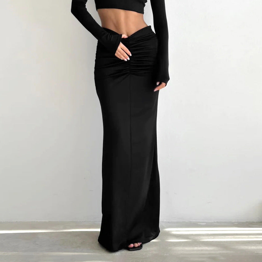 Black Sexy Design Knitted Slim Fit Front Shirred High Waist Fishtail Skirt Women