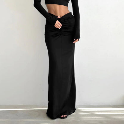 Black Sexy Design Knitted Slim Fit Front Shirred High Waist Fishtail Skirt Women