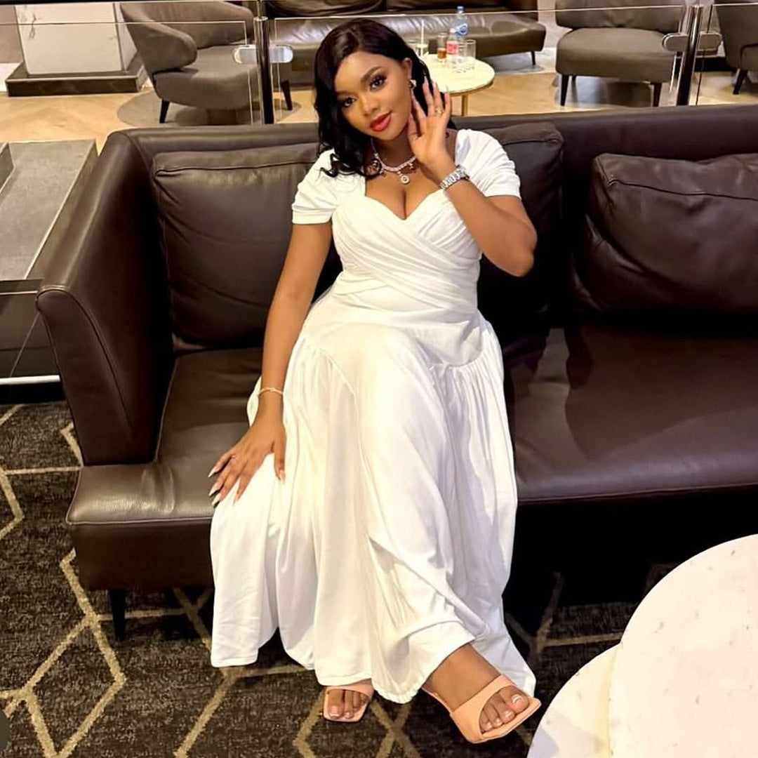 Plus Size Elegant Long Tube Top Collar Cinched Cap Sleeve Dress