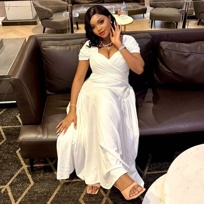 Plus Size Elegant Long Tube Top Collar Cinched Cap Sleeve Dress