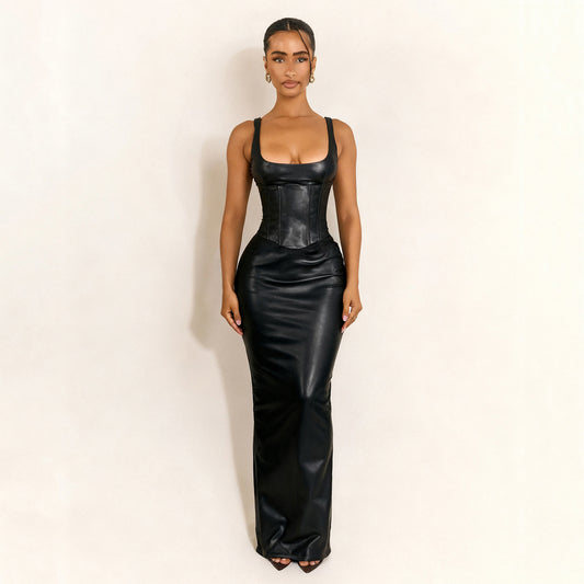 Pleather Square Neck Snatched Corset Long Dress