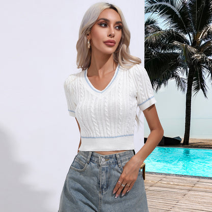 Short Sleeved V Neck Sweater with Contrast piping Cropped