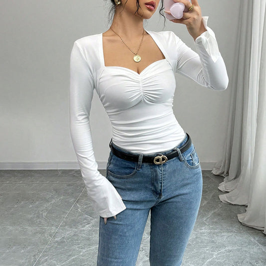 Long Sleeve Shirred Low Cut White  Top