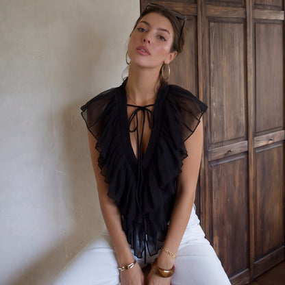 Sexy S/S Deep V Plunge Neck with Ruffle