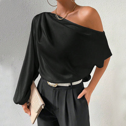 One Shoulder Long Sleeved  Sexy  Satin Shirt w/ Bloon Sleeve