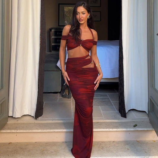 Sexy Halter off the Shoulder Tie Dye like 2 piece set with Sexy Skirt gold Hardwear