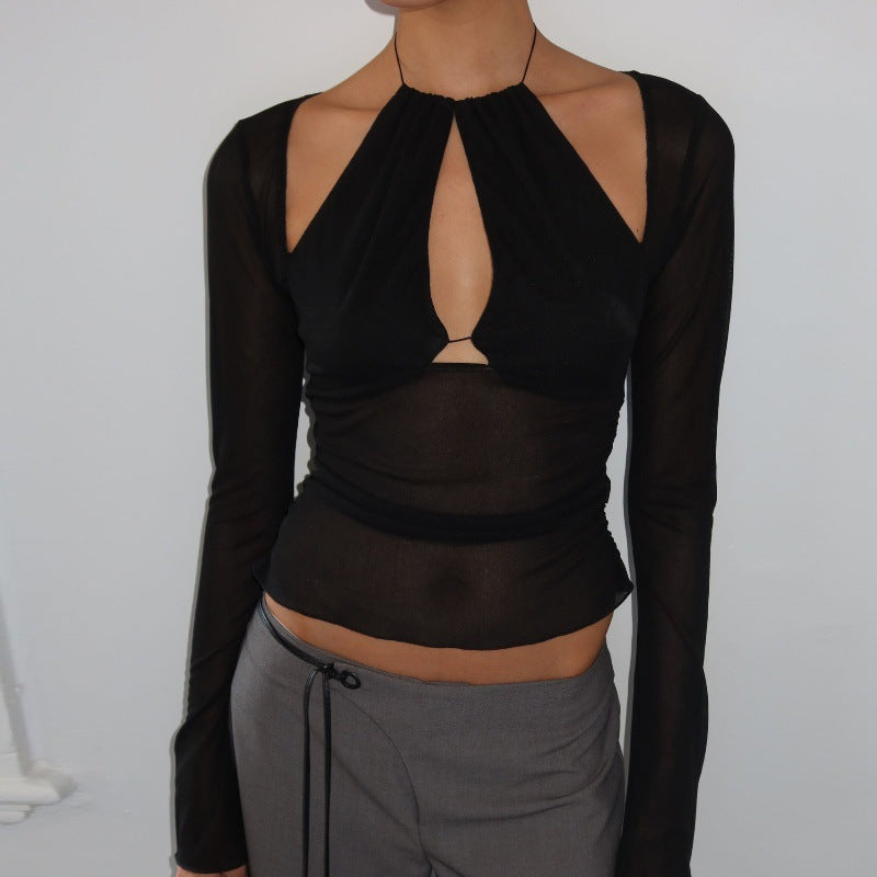 Black  Mesh Stitching Hollow Out Cutout Irregular Asymmetric  Slimming Long Sleeve Top