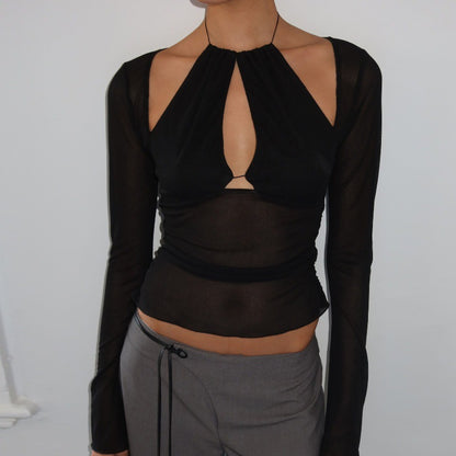 Black  Mesh Stitching Hollow Out Cutout Irregular Asymmetric  Slimming Long Sleeve Top