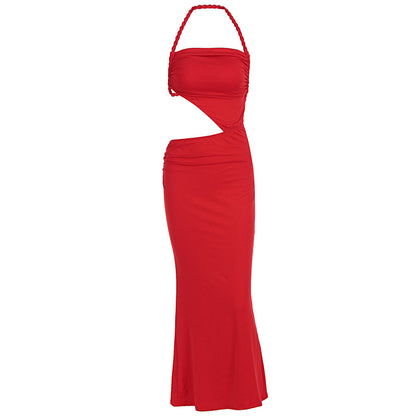 Sexy Red Body Con Braid Rope Long  Sleeveless Shirred Dress