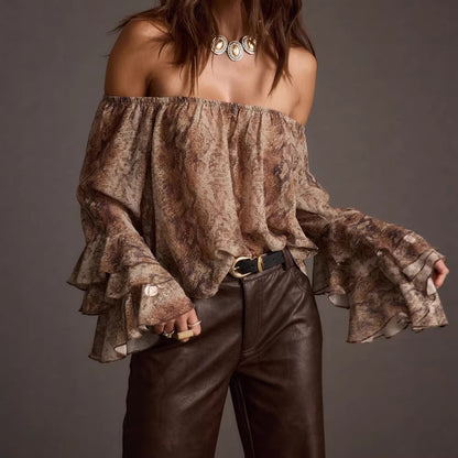 Sexy Chiffon Leopard  off Shoulder Top w Ruffle Detail Festival Vibes