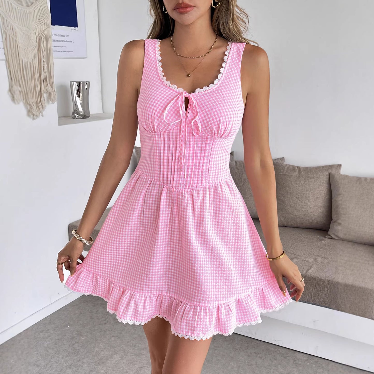 Pink Gingham Printed  Square Neck Sleeve Aline Dress with Front Tie & Eyelet Trim