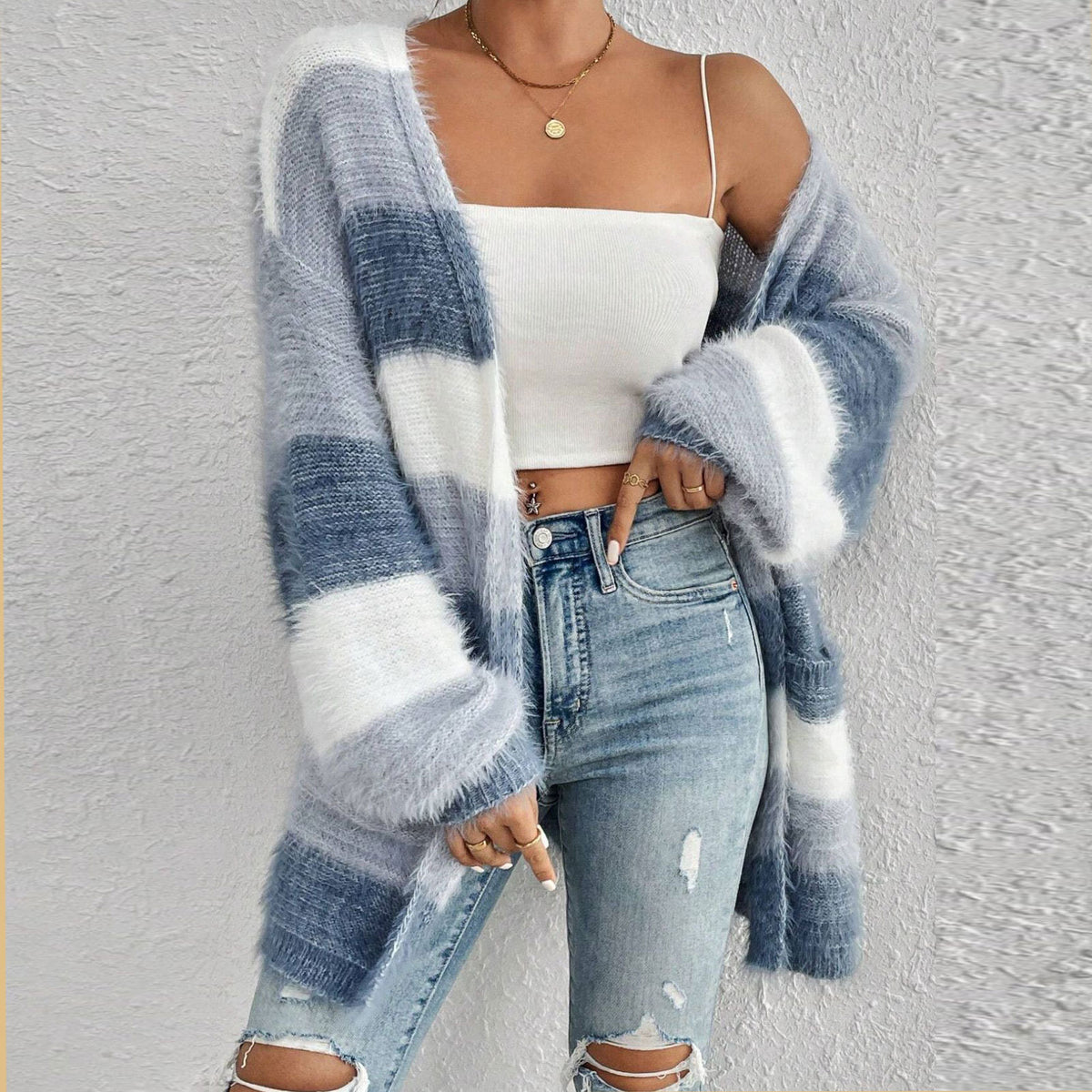 Cozy Fuzzy Striped Color block Grey/Light Blue/Cream Long Cardigan with Pockets