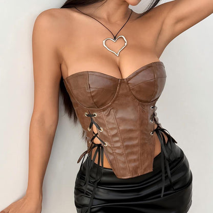 Camel Faux pleather Vegan Leather  Tube Top with Lace Up Detail