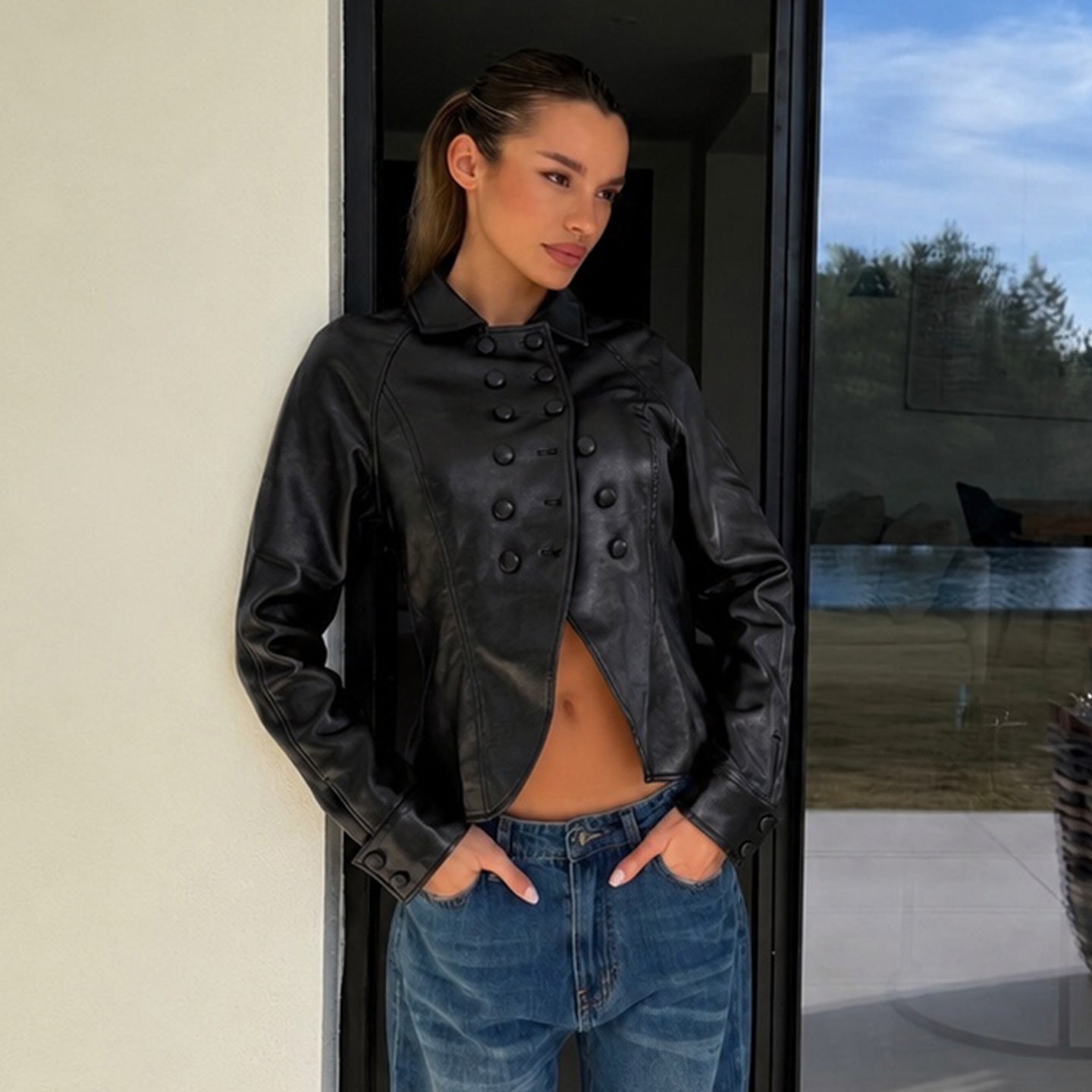 Vegan Leather Double Breasted Collared Vintage Jacket