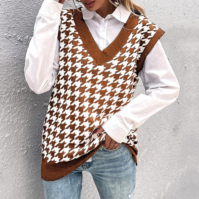 Checkered Loose Houndstooth V neck Knitted Vest Women