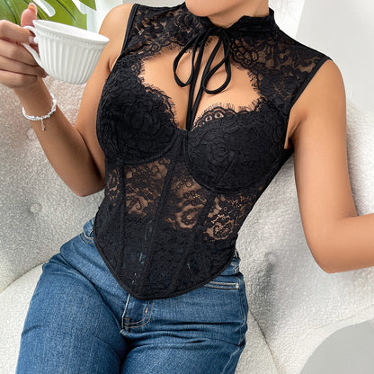 Sexy Lace Sweetheart Neck  Mesh Boning Corset w/ Front ribbon detail