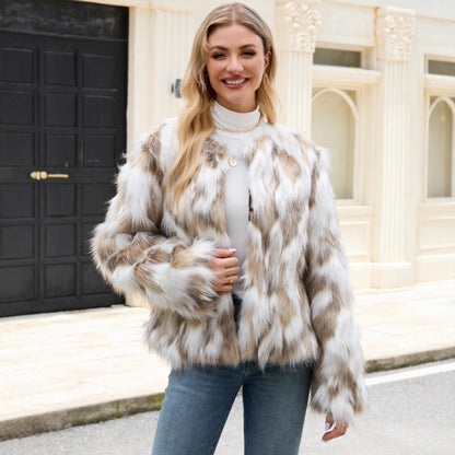 Faux Fur Jacket Faux Fur Tan & White Combo