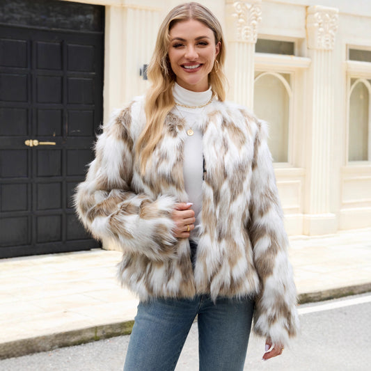 Faux Fur Jacket Faux Fur Tan & White Combo