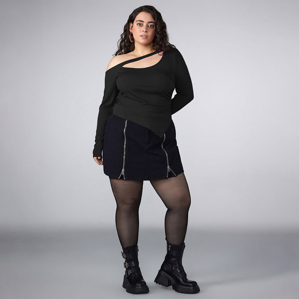 Sexy Asymmetric Long Sleeve Plus Size Black Top