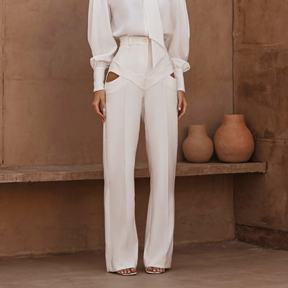 Hollow Out Cutout out Casual Pants Fashionable All Match Loose White Trousers
