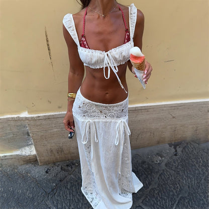 White Sexy Sheer Long Maxi Skirt with Lace Detail and Bra Set