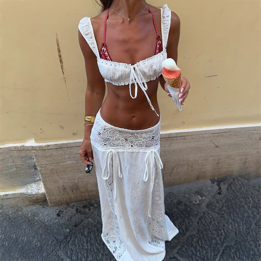 White Sexy Sheer Long Maxi Skirt with Lace Detail and Bra Set