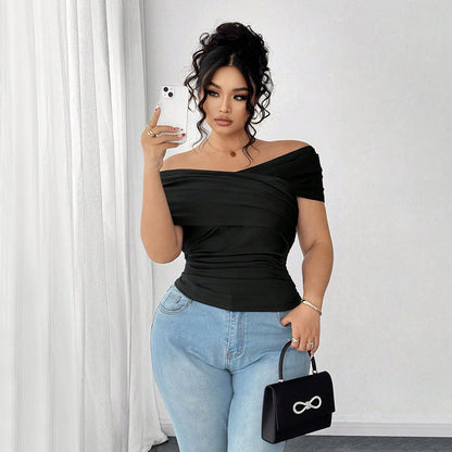 Plus Size  Off Shoulder Shirred Black Date Night Top