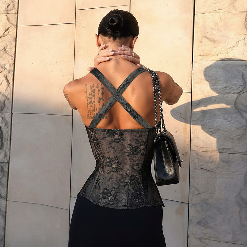Black Lace w/ Nude Lining Sexy Corset with Cross Back Detail