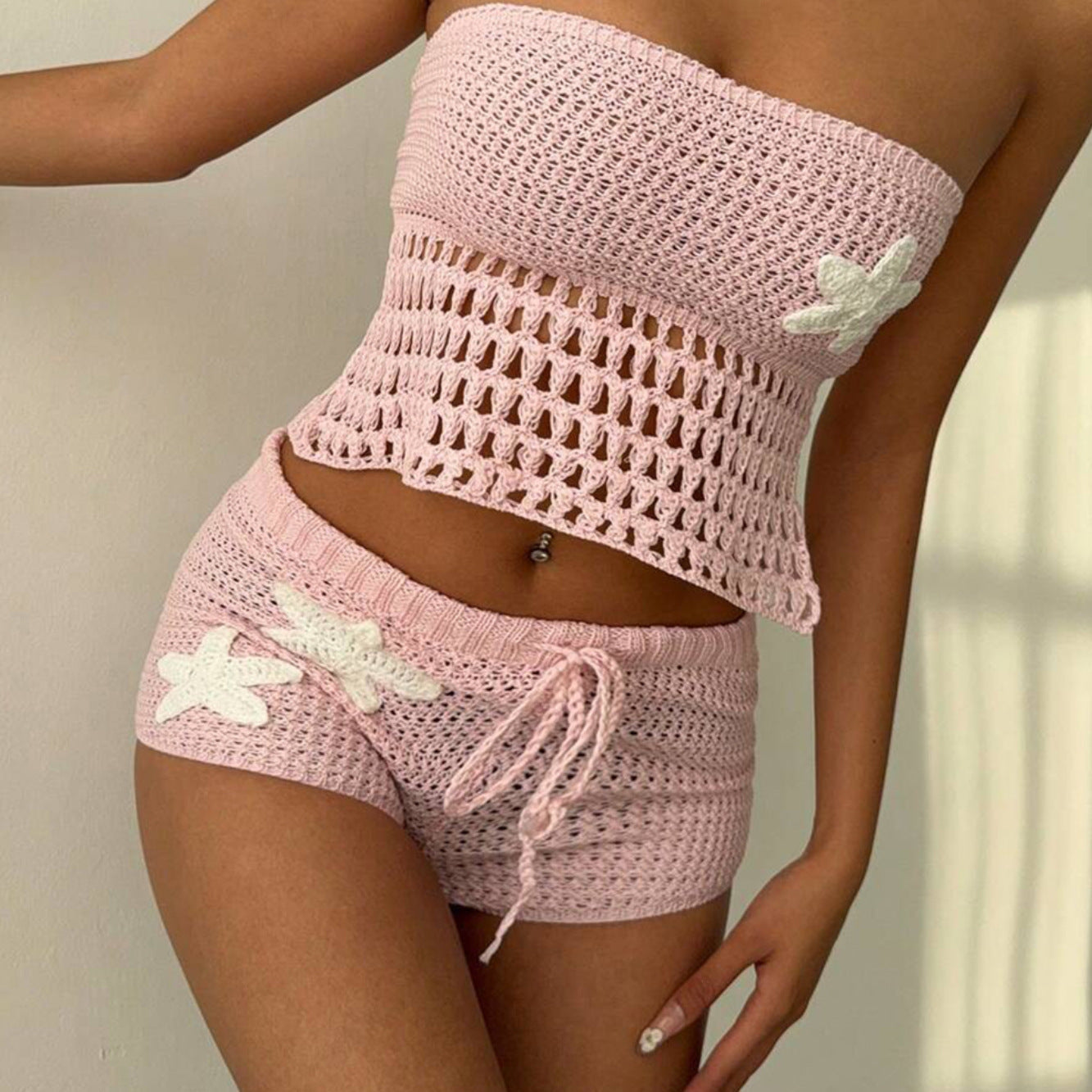 Crochet Set Short /Tube Top with Starfish in Baby Pink or Baby Blue