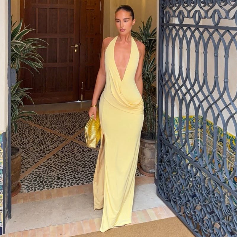 Sexy Low Cut Deep V Plunge neck Halter Strap Backless Slit Dress