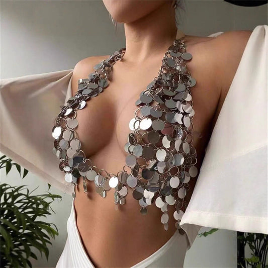 Festival Silver Large Sequin Bra  Handmade Coachella , Burning Man, Stagecoach Vibes