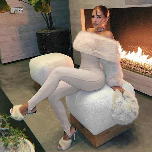 Sexy Off the Shoulder Faux Fur Taupe Catsuit jumpsuit