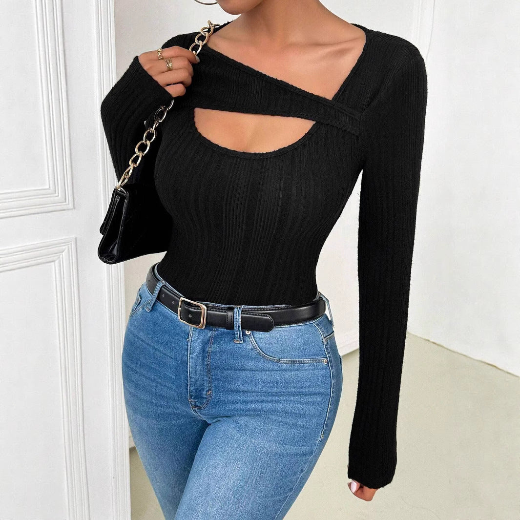 Black Asymmetric Collar Hollow Out Cutout Long Sleeved  Top