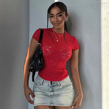 Sexy Lace See through Slim Fit Crew Neck T shirt Top