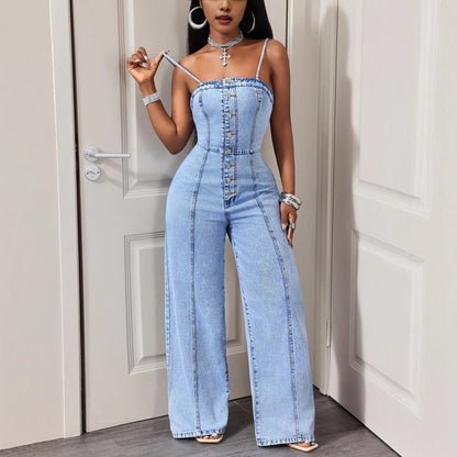 Denim Sleeveless Front Button  Bell Bottom Jumpsuit