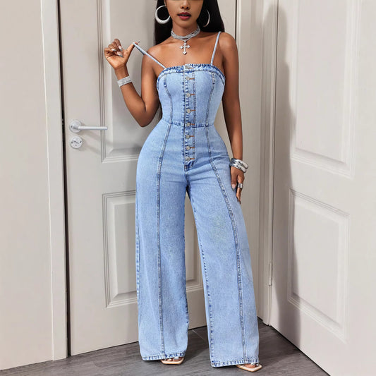 Denim Sleeveless Front Button  Bell Bottom Jumpsuit