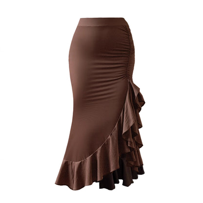 Brown Irregular Asymmetric Ruffled Skirt Y2K
