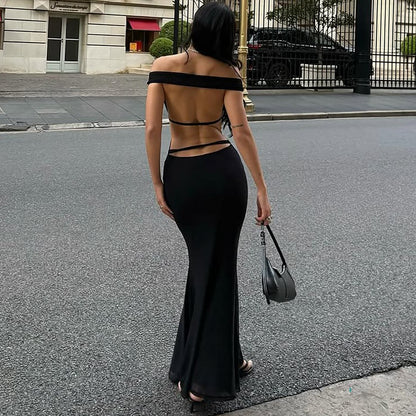 Sexy Backless Hollow Out Cutout out Solid Color Slim Dress for Women