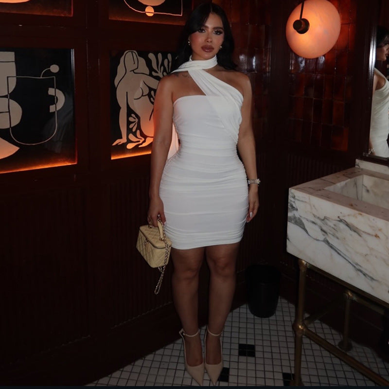 Sexy Halter Shirred  Mini Tube Dress with Scarf Detail