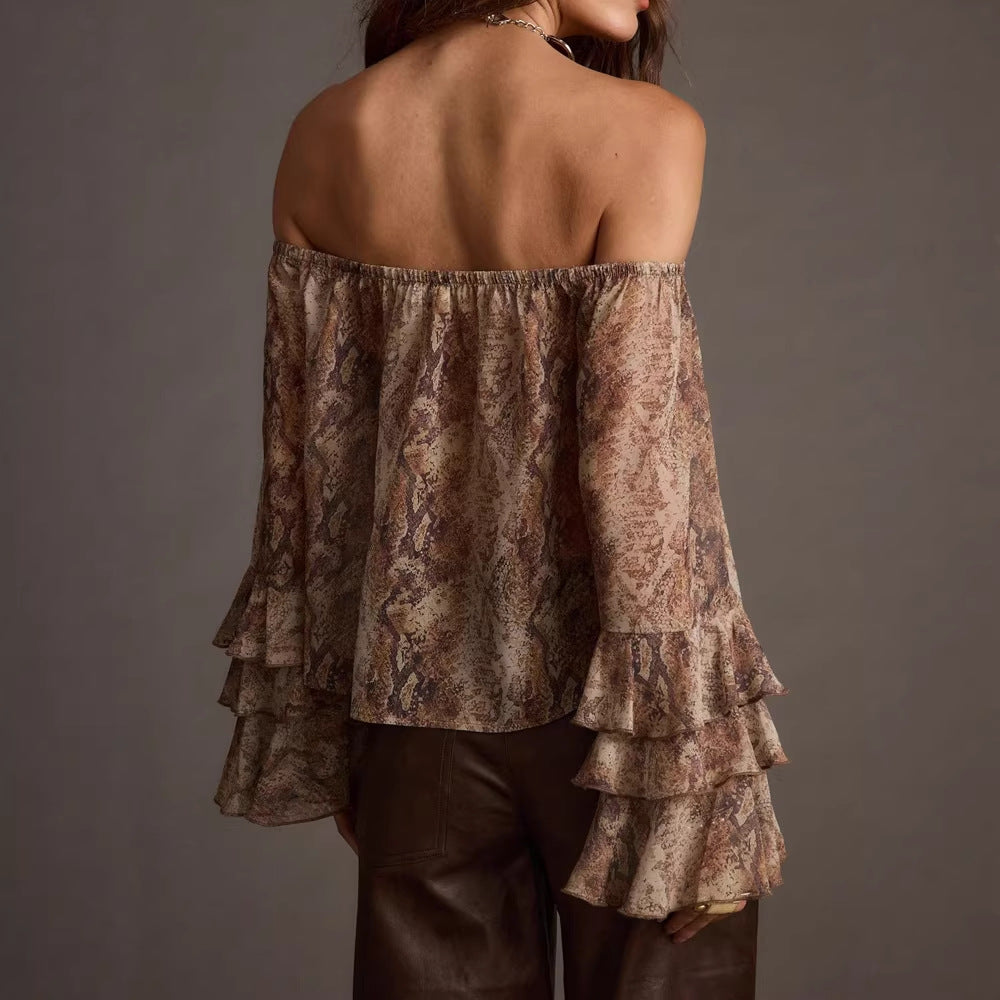 Sexy Chiffon Leopard  off Shoulder Top w Ruffle Detail Festival Vibes