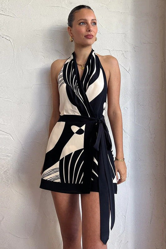 Women Nordic Classic Printing Sexy Halter Backless Dress Simple Waist Fitted Short Dress for Women