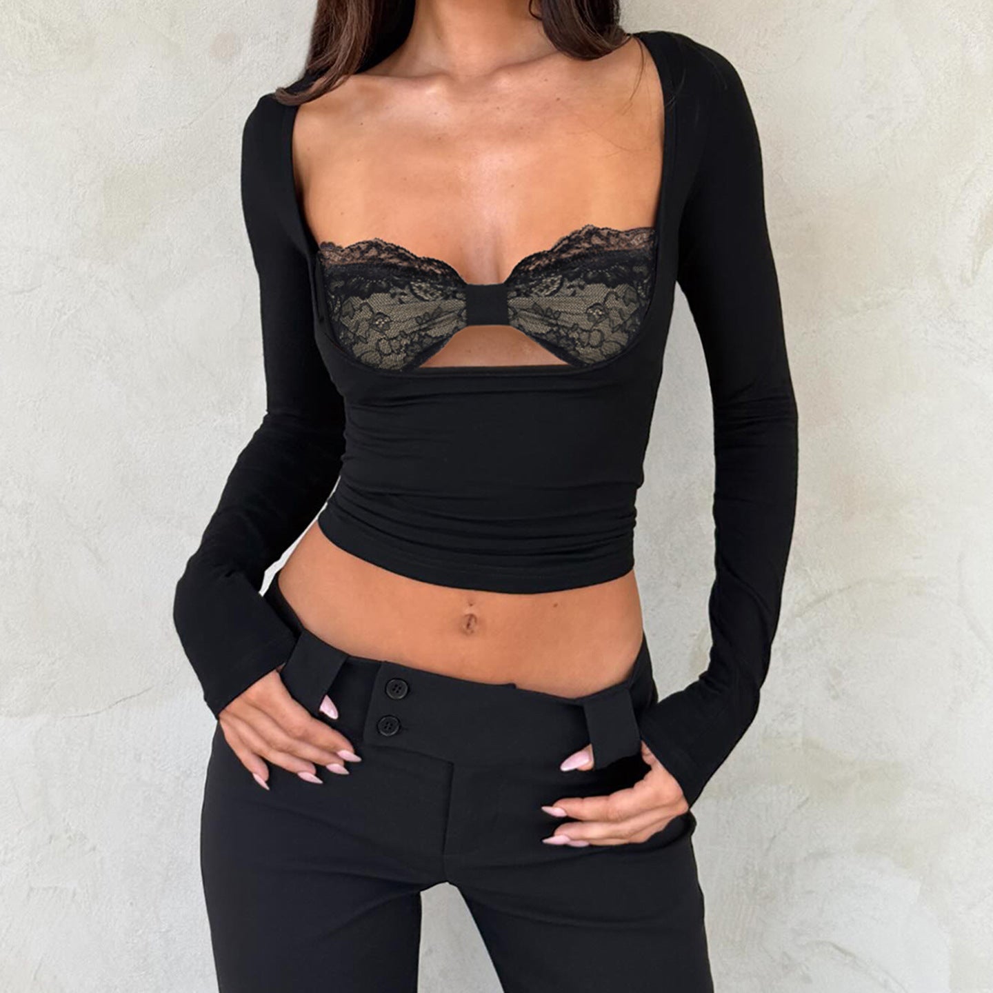 Black Sexy  Split Twist Top w/ Black Lace Bra Insert