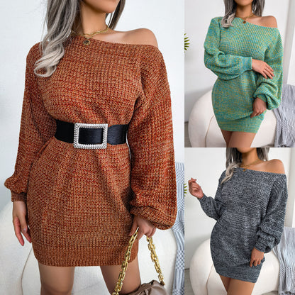 Off-Shoulder Cozy  Lantern Sleeves Knitted Sweater Dress