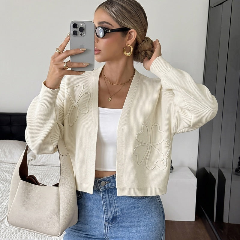 Off White Cardigan without Buckle Long Sleeve Cropped Cardigan