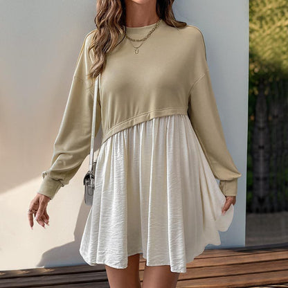 Casual Long Sleeve Dress Autumn Winter round Neck Contrast Color Sweatshirt Splicing