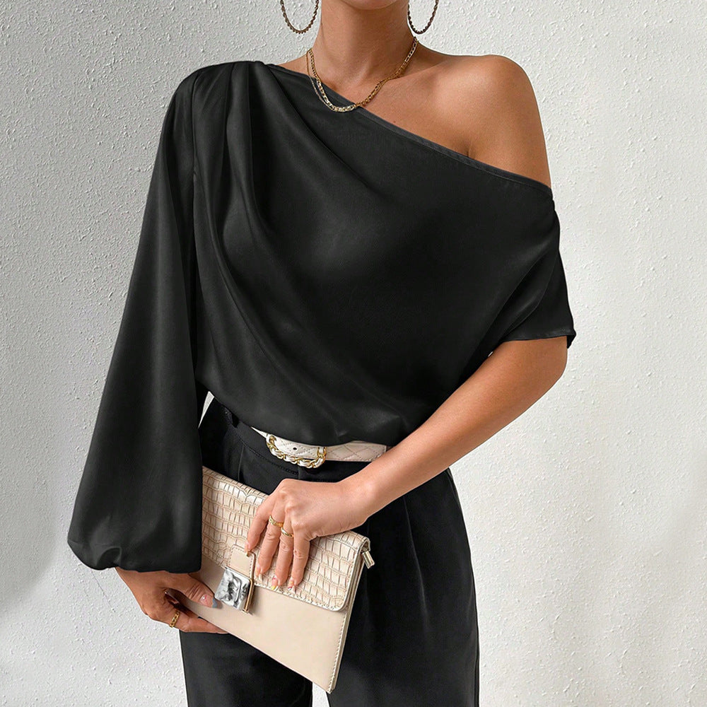 One Shoulder Long Sleeved  Sexy  Satin Shirt w/ Bloon Sleeve